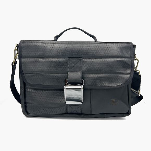 NWOT ZEIT.WORKS Leather Laptop Bag made from 1989 Mercedes 500SL (Black/Blue)